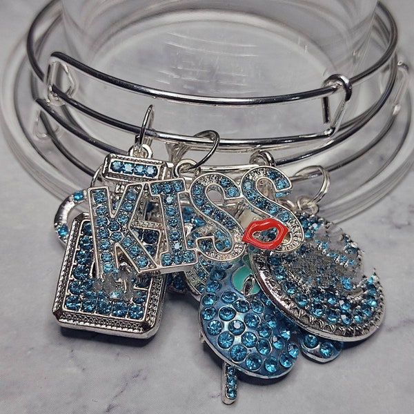 Silver  Bracelet With Blue Bling Bling Charm, Women Rhinestone Charm Bangle