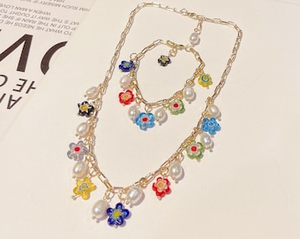 Kleurrijke kralen ketting | schattige y2K kralen ketting | Leuke ketting |rainbow kralen ketting| Bloem kraal Armband | kralen Armband |