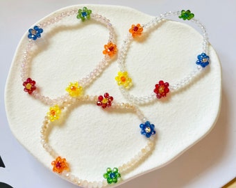 Handmade Daisy Charm Seed beaded bracelet | rainbow flower bead bracelet |super cute bead Stretch bracelet | colourful Bead bracelet