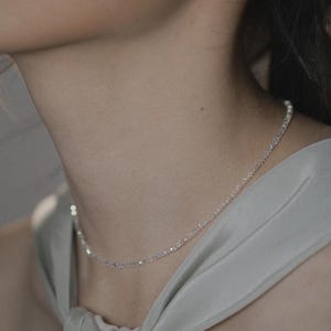 May include: A delicate, shimmering necklace with small, evenly spaced beads. The necklace is worn around the neck, resting on the collarbone. The image also shows a small, round earring and a light-colored top.