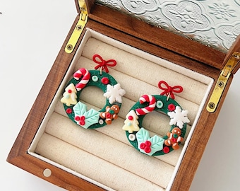 Polymer Clay Christmas Wreath Earrings, Handmade Sterling Silver Studs