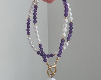 Collar de amatista / Collar de perlas Akoya / Collar de cristal púrpura / Collar de piedra natal / Collar de cristal / Collar delicado / Collar minimalista