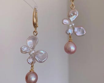 Pendientes de perla barroca con diseño de mariposa, ganchos chapados en oro de 14 k, diseño asimétrico