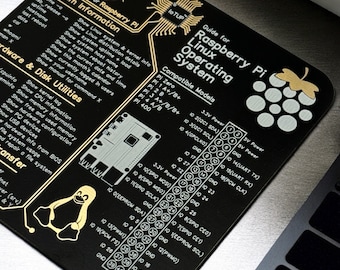 May include: Black Raspberry Pi cheat sheet with gold-colored graphics and text. Includes system information, disk utilities, and a guide for the Raspberry Pi Linux operating system. Features a diagram of the Pi's pin layout.