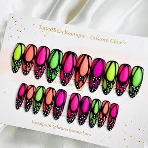 Neon/Glow Hand Painted Butterfly Wing Press on Nails - No Size Required set