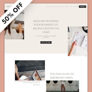 May include: Website homepage for a virtual assistant service. The text on the page reads "Need help running your business? Let me help lighten the load. The virtual assistant you needed yesterday! Let's do this. You focus on the important parts."