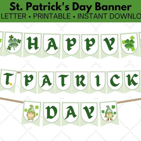 Printable St. Patrick's Day Banner/Garland/Bunting/Flag with Gnomes and Shamrocks, Happy St. Patrick's Day, Digital Download