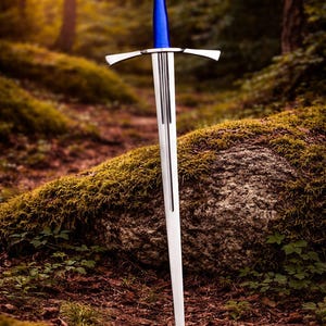 May include: A long, silver sword with a blue handle and crossguard, set against a natural forest backdrop. The blade is straight and polished, reflecting the light. The sword is resting on a moss-covered rock.
