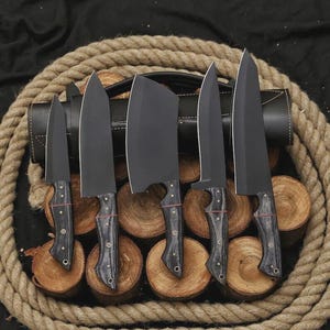 Hand Forged Chef Knife Set | 5 PCS Stainless Steel Kitchen Knives | Damascus BBQ Cooking Set | Gift for Him | Christmas & Thanksgiving Gift
