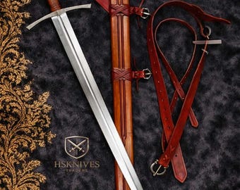 Hand Forged Medieval Longsword – 5160 Carbon Steel Battle Sword, Leather Grip, Display Piece
