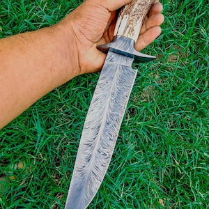 Custom Hand Forged Damascus Steel Bowie Knife with Stag Horn Handle, Camping Knife.