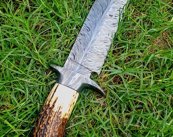 Custom Hand Forged Damascus Steel Bowie Knife with Stag Horn Handle, Camping Knife.