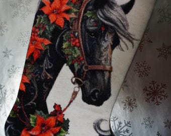 Christmas Carousel Horse. Handmade cross-stitched Christmas stocking, fully finished. Custom heirloom, mantel decoration, one-of-a-kind item