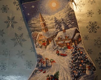 Sleighride at Dusk. Handmade cross-stitched Christmas stocking, fully finished. Custom, heirloom, mantel decoration, one-of-a-kind item