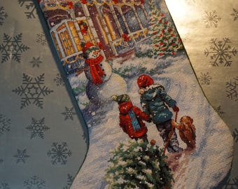 Christmas Tradition. Handmade cross-stitched Christmas stocking, fully finished. Custom, quality heirloom, mantel decoration. Personalized.