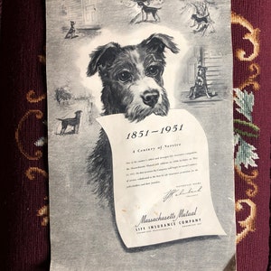 May include: Vintage advertisement for Massachusetts Mutual Life Insurance Company, featuring a central illustration of a dog holding a scroll. The ad includes the text "1851-1951 A Century of Service" and various dog illustrations.