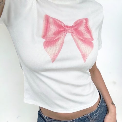 Big pink bow ribbon Baby tee white XS-XL coquette shirt coquette baby tee coquette pink bow ribbon t-shirt Dollette cottagecore aesthetic