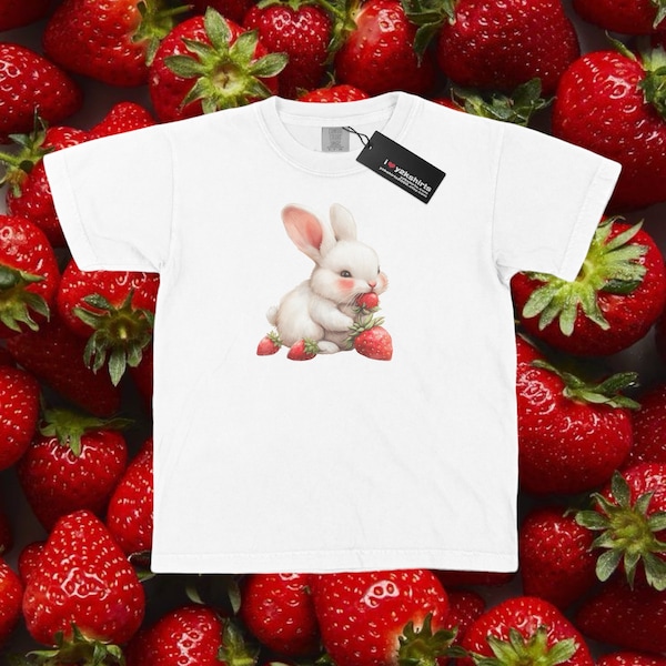 Vintage Strawberry bunny graphic tee 90s style aesthetic womens Baby Tee rabbit print  | Lightweight youth Cotton T-Shirt | fruit clothing