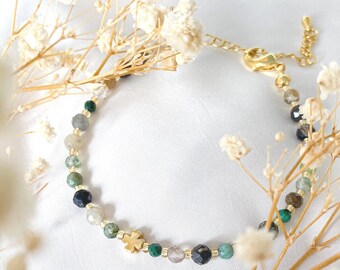 Sage Green Gemstone Bracelet · Malachite · Moss Agate · Citrine · Dainty Adjustable Bracelet · Gold Clover Charm
