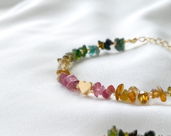 Dainty Bracelet · Multi-Colour Tourmaline · Pink Green Yellow Gemstones · Heart Bead · Adjustable Crystal Bracelet