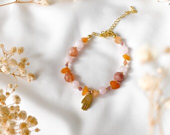 Pink and oragne Crystal Bracelet · Morganite · Sunstone · Tourmaline · Adjustable Gold Hamsa Bracelet