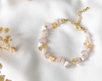 Adjustable gemstone bracelet · Rose quartz, Moonstone, Citrine · Gold heart charm & clasp