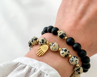 Dalmatian Jasper & Obsidian Bracelet · Gold Beads · Dainty Gemstone Bracelet for Protection