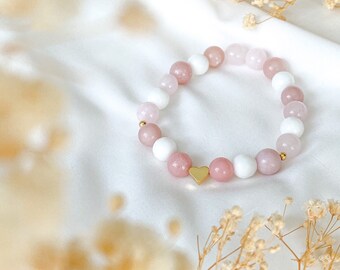 18k Gold Pink Opal Bracelet: Rose Quartz & White Jade
