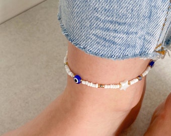 evil eye anklet | white and gold anklet | lapis lazuli ankle bracelet | pearl anklet | adjustable anklet white | crystal anklet | evil eye |