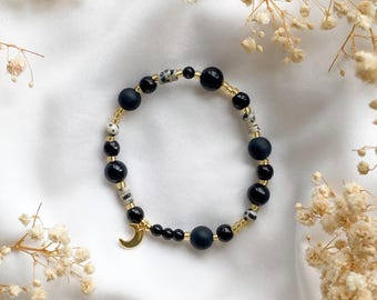 Black crystal bracelet · Obsidian agate dalmatian jasper mix · 18k gold moon charm · Grounding gemstones