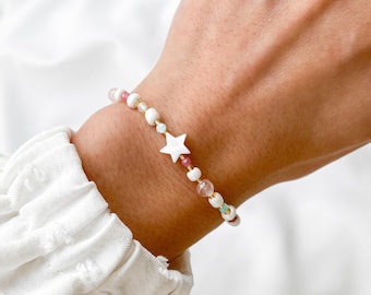 Rose Quartz Bracelet · Pink Tourmaline · Amethyst · Aquamarine · Adjustable Crystal Bracelet · Pastels ·  Star Charm