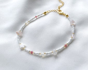 rose quartz anklet | white and gold anklet | pink crystal ankle bracelet | adjustable anklet with pink tourmaline | adjustable gold anklet |