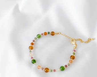 Pink and Green Crystal Bracelet · Tourmaline · Natural Jade · Red Aventurine · Adjustable Gemstone Bracelet