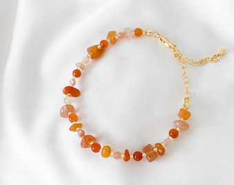Orange Crystal Bracelet · Sunstone · Carnelian · Red Aventurine · Dainty Adjustable Gemstone Bracelet · Confidence