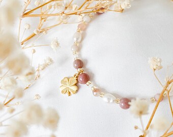Pearl Gemstone Bracelet · Moonstone · Rhodonite · Sunstone · Dainty Adjustable Bracelet with a clasp · Gold Clover Charm