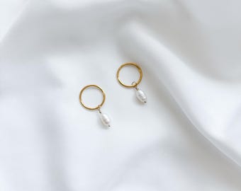 Dainty Pearl Hoop Earrings · Gold Waterproof Huggies · Everyday Minimal Hoops ·  Wedding jewellery