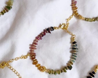 Dainty Rainbow Tourmaline Bracelet · Pink Green Yellow Gemstones · Crescent Moon charm · Adjustable Crystal Bracelet