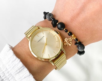 Black Gemstone Bracelet · Onyx · Obsidian · Black Spinel · Labradorite · Adjustable  · 4 leaf clover
