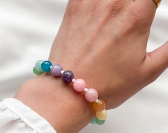 Colourful Gemstone Bracelet • Rainbow Crystal Beads • Healing Crystal Jewellery • Amethyst Aventurine Pink Opal