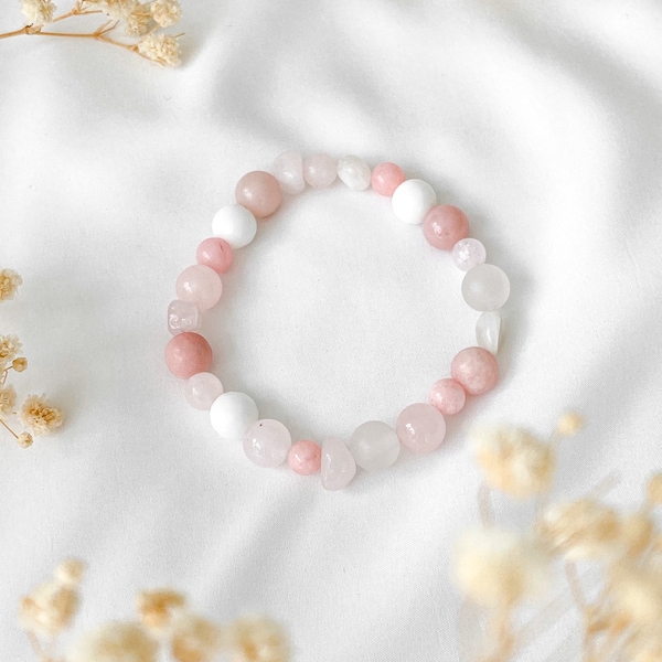 moonstone bracelet | rose quartz gemstone bracelet | pastel pink bracelet for women | white and pink bracelet | pink opal crystal bracelet |