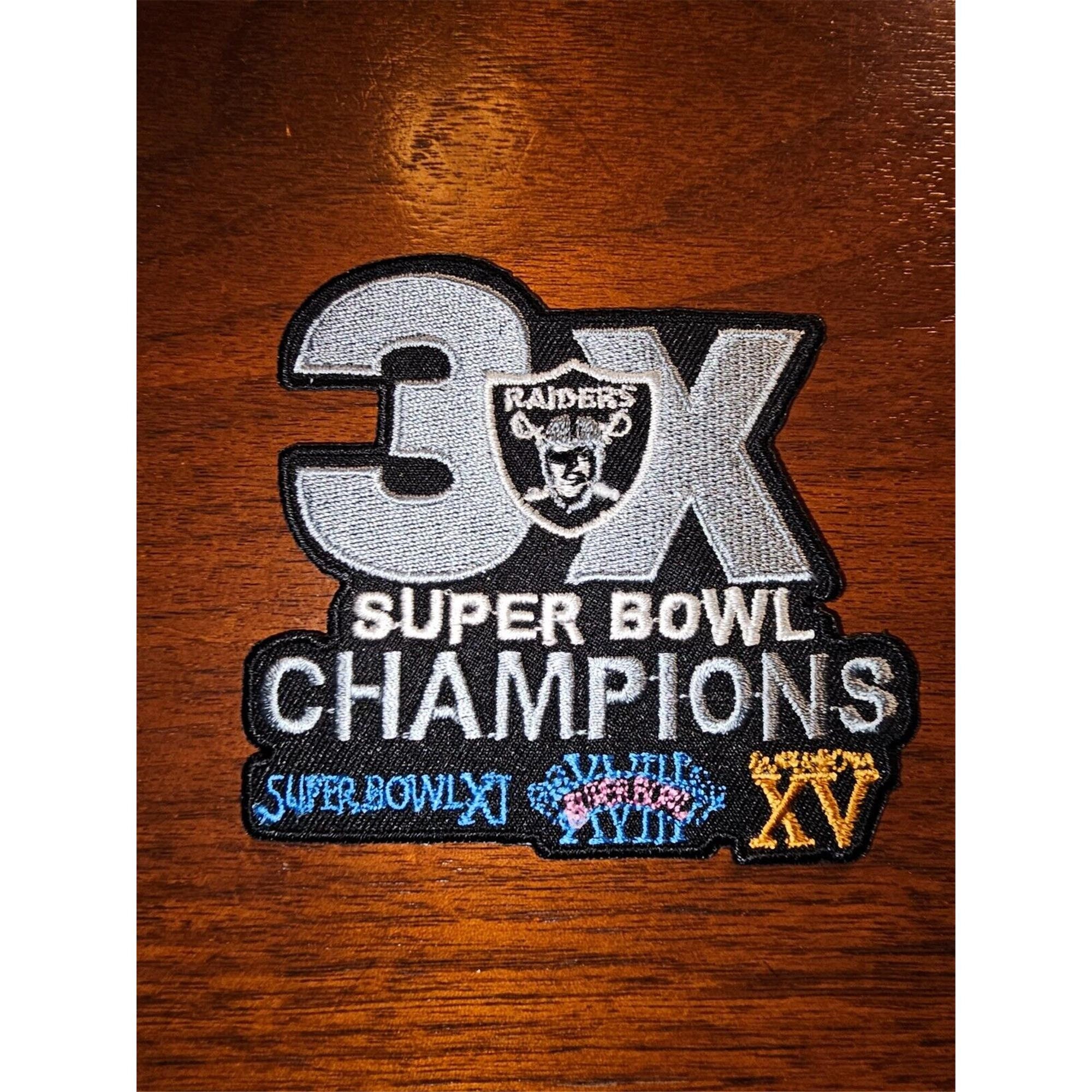 LAS VEGAS OAKLAND RAIDERS PATCH. 3X SUPER BOWL CHAMPIONS! SUPER BOWL  CHAMPIONS! LARGE JERSEY STYLE PATCH - 6 X 7…