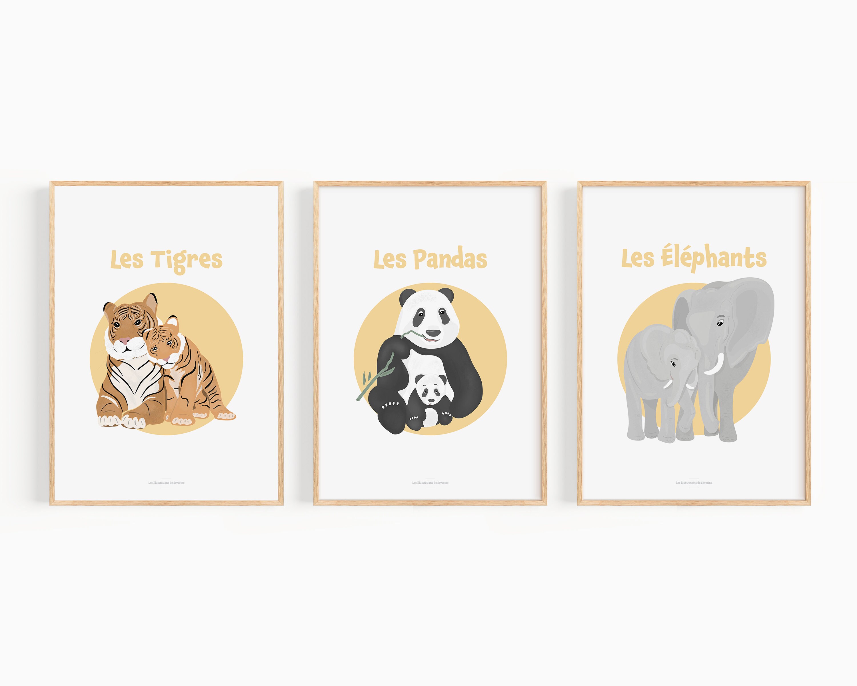 Pack 3 Affiches A4 Les Tigres/Les Pandas/Les Éléphants, Décoration Chambre Bébé, Animaux, Poster Enf