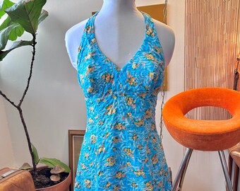 XS| 50s/60s Vintage Seersucker Floral Cotton Halter Sundress