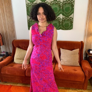 S/M| 60s Tropical Barkcloth Psychedelic Mermaid Maxi Dress