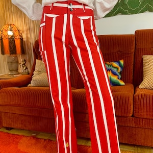 Small| RARE DEADSTOCK 70s Cotton Striped Hippie Bellbottom Flares Pants, Americana, Clown Core, Nautical