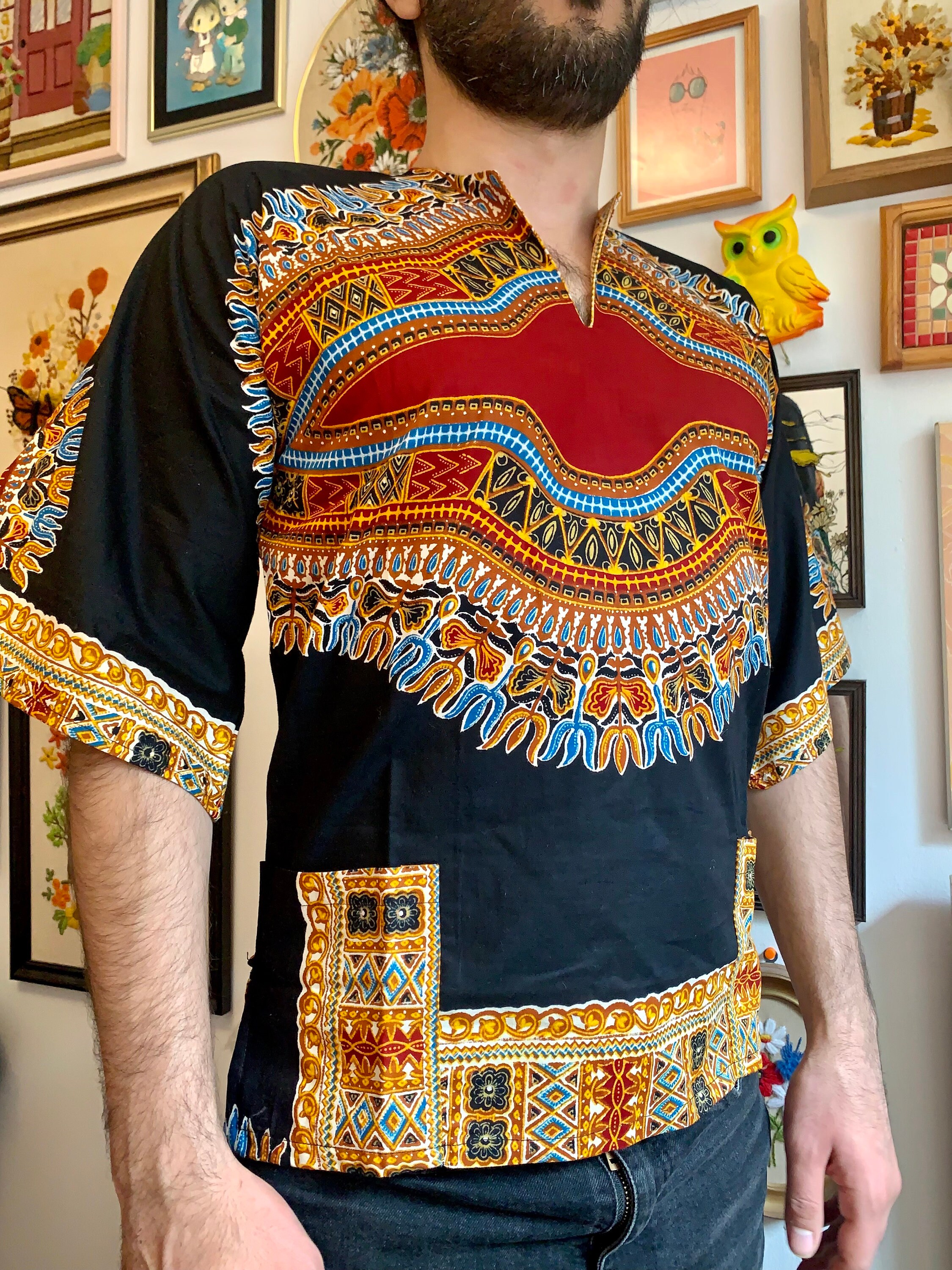 Medium| 60s/70s Vintage DEADSTOCK African Style Dashiki Hippie
