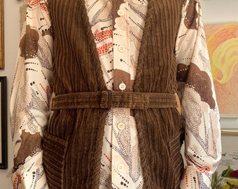 Small| 60s Vintage DEADSTOCK Hippie Western MW Tee Kays Belted Long Corduroy Tunic Vest NWT/Mint Condition