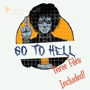 以下が含まれることがあります： 黄色い背景にゾンビのデジタルイラストと青い文字で「Go to Hell」と書かれています。3つのファイルが含まれています
