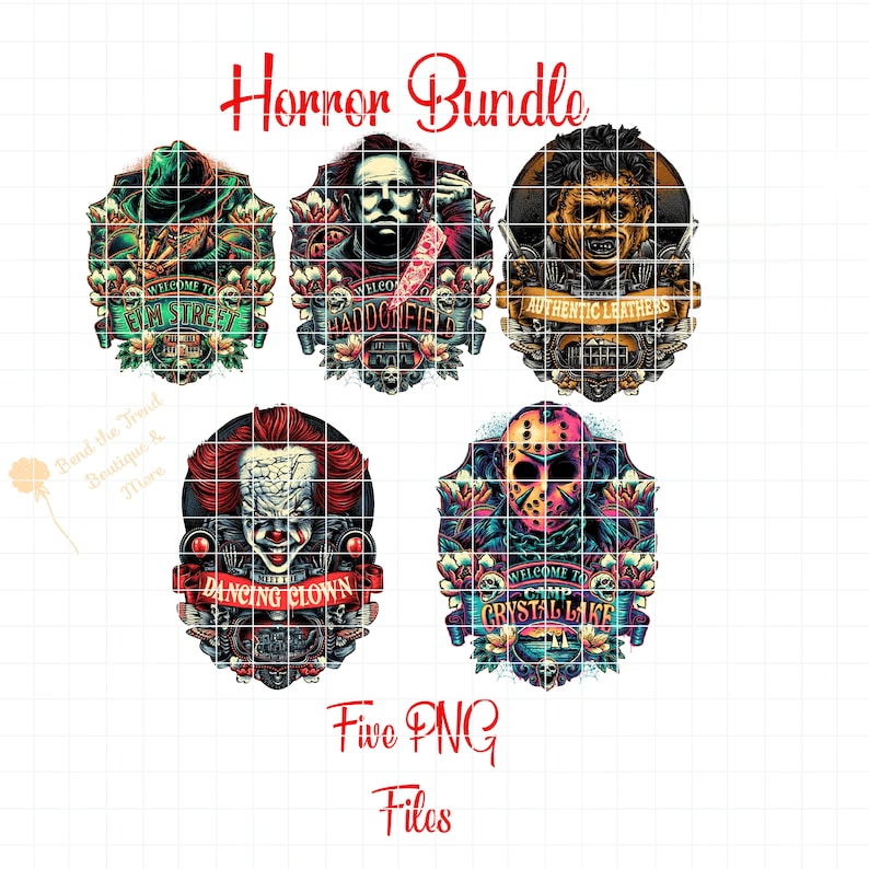 May include: A collection of five PNG files featuring horror movie characters. Each design is framed with floral and ornamental elements. The text "Horror Bundle" is at the top, and "Five PNG Files" is at the bottom. The characters include Freddy Krueger, Michael Myers, Leatherface, Pennywise, and Jason Voorhees.