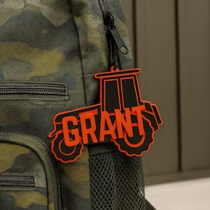 Personalized Tractor Backpack Keychain – Custom Name Acrylic Keychain for Boys – Construction Truck Bag Tag – Back to School Gift